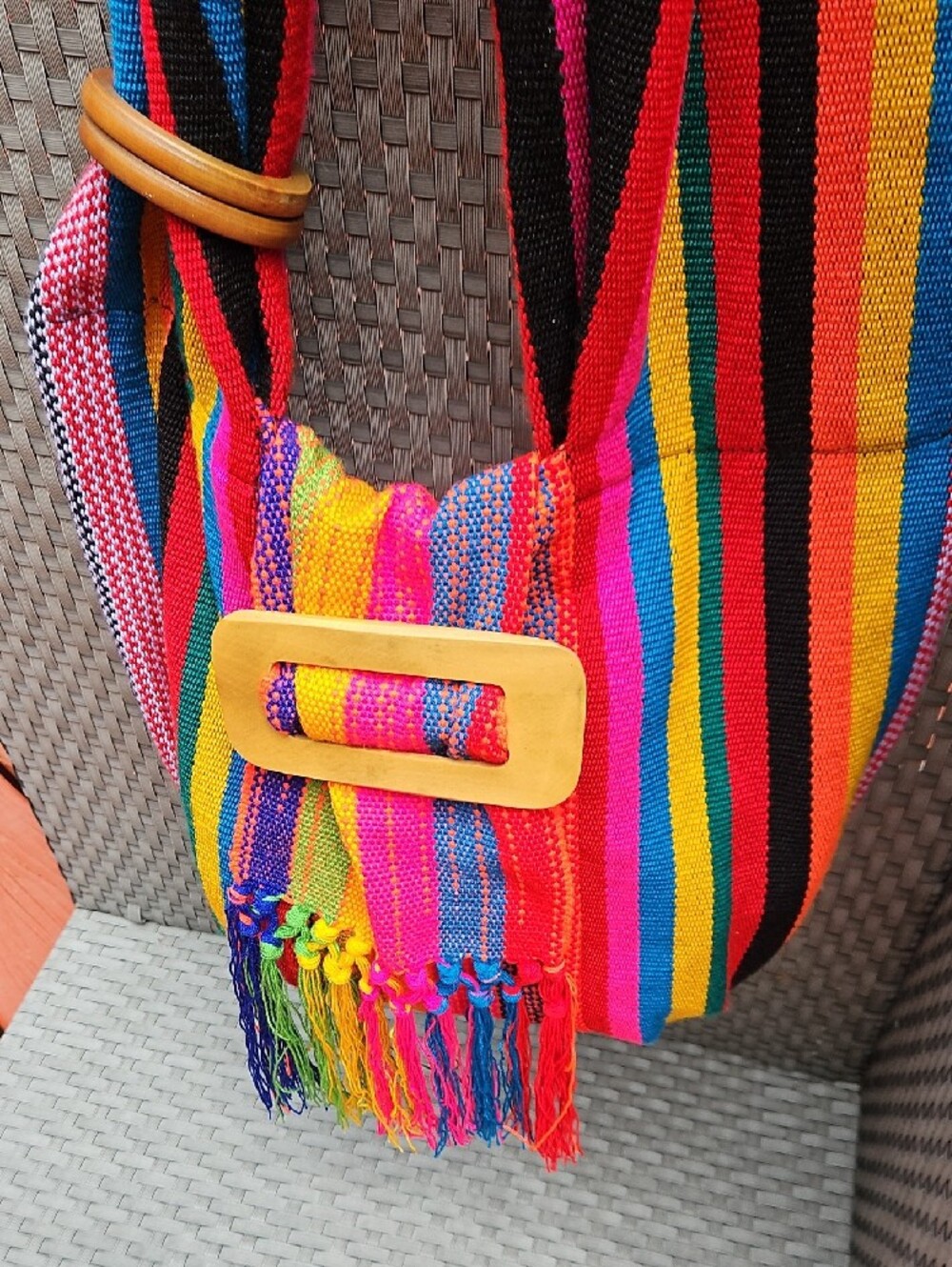 New Handwoven Rainbow Stripe Crossbody Bag with Fringe